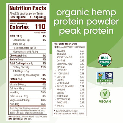 Nutiva Organic Cold-Pressed Raw Hemp Seed Protein Powder, Peak Protein, 30 Oz, USDA Organic, Non-GMO, Whole 30 Approved, Vegan, Gluten-Free & Keto, Plant Protein with Essential Amino Acids