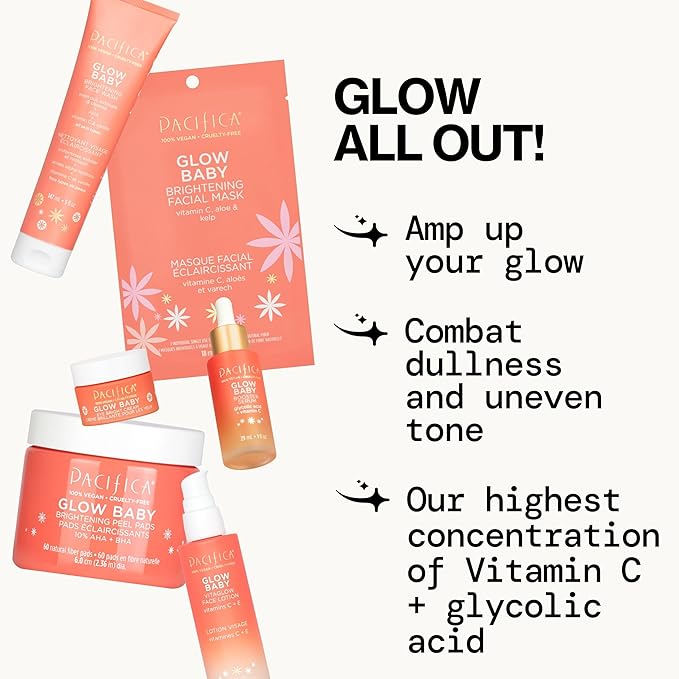 Pacifica Glow Baby Complete Skincare Set – 6 Piece Vitamin C Brightening Collection (Face Wash, Peel Pads, Booster Serum, Moisturizer, Eye Cream, Sheet Mask), 100% Vegan