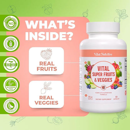 Vital Super Fruits & Veggies - Daily Superfood Capsules for Adults - Fruit & Vegetable Supplements to Boost Immunity & Energy - 2-in-1 Formula for Overall Wellness - Fruit and Vegetable Capsules