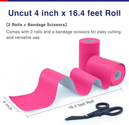 Kinesiology Tape (2 Rolls) Extra Wide 4 inch x 16.4 feet Roll,Cotton Elastic Premium Athletic Tape,Hypoallergenic and Waterproof K Tape (Pink（2 Roll + Bandage Scissors）)