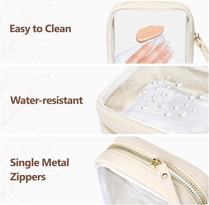 PACKISM Small Clear Makeup Bag - PU Leather Clear Travel Bags for Toiletries Mini Makeup Bag for Purse, Portable Cosmetic Bag Car Bag for Essentials for Women Gift Daily Use (Beige Mini)