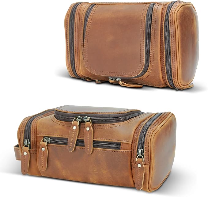 Polare Toiletry Bag Full Grain Leather Shaving Kit Dopp Kit Travel Case Wash Bag with YKK Zippers