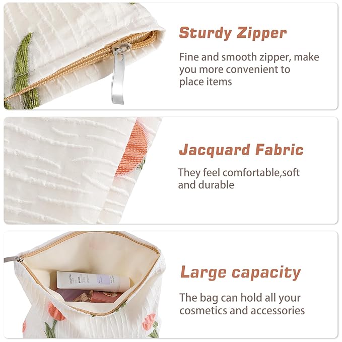 ZLFSRQ Tulip Makeup Bag for Women Floral Cosmetic Pouch for Purse Zipper Cosmetic Bags Large Capacity Quilted Canvas Cute Aesthetic Flower Makeup Bags Gift Travel Toiletry Makeup Organizer