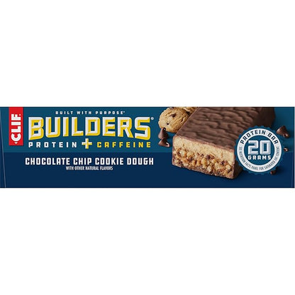 CLIF Builders + Caffeine - Chocolate Chip Cookie Dough Flavor - Plant Based Protein Bars - Gluten Free - Non-GMO - Low Glycemic - 20g Protein - 2.4 oz. (12 Count)