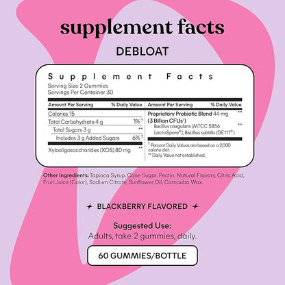 Lemme Debloat - Digestive & Gut Health Gummies with 2 Clinically Studied Probiotics & Prebiotic, 3 Billion CFUs - Vegan, Gluten Free, Non GMO, BlackBerry Flavor (60 Count) (Pack of 2)