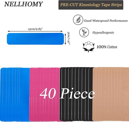Kinesiology Tape Precut-40 Strips | Elastic Cotton Athletic Tape for Joints Support & Muscle Pain Relief-2inch x 10inch| Hypoallergenic & Waterproof K Tape for Ankle Knees Running Any Activity(Mix-4)