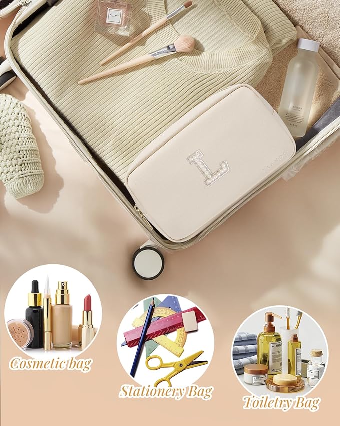 Vlando Travel Gifts for Women Make up Bag Bridesmaid Proposal Gifts Pearl Letter Pouch Cosmetic Bag Zipper Purse for Women Girls Daughter Preppy Stuff L