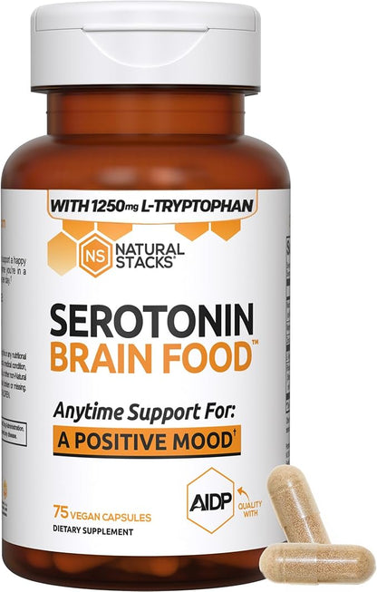 NATURAL STACKS Serotonin Brain Food w/L-Tryptophan & Rhodiola Rosea - Mood Support Supplement - Promotes Positive Mood, Calmness, Stress Relief - Happy Mood & Brain Support Supplement - 75 Capsules