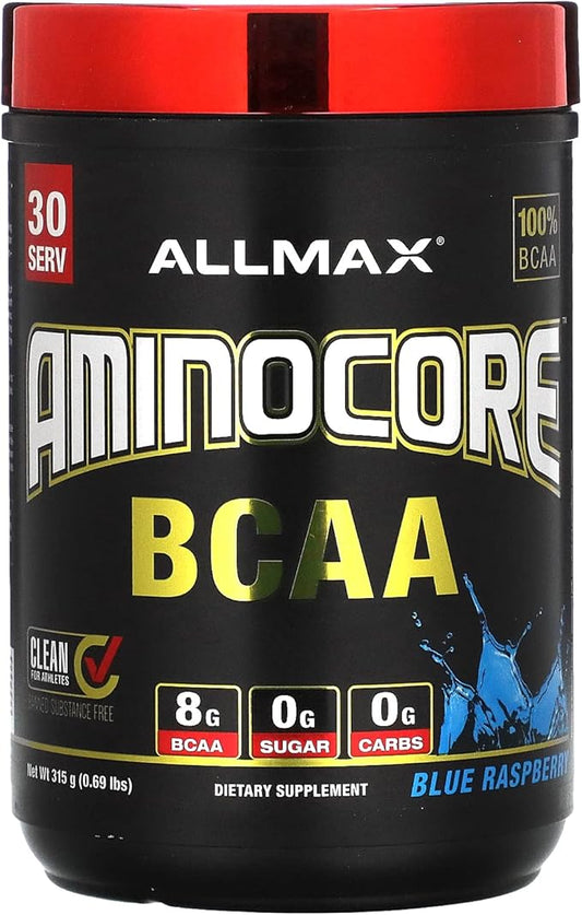 AMINOCORE BCAA – 8G BCAAs – 100% Pure Branch Chained Amino Acids – Gluten Free - Blue Raspberry - 315 Gram