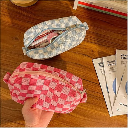 SxoSyo 2 Pcs Cosmetic Bags for Women Makeup Bag Purse Travel Toiletry Zipper Storage Pouch Make up Brushes Organizer for Gifts (Checkered, Blue 2)