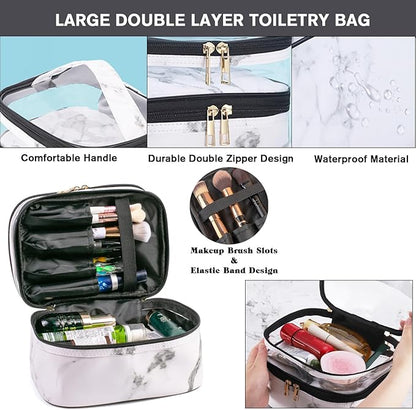 FITINI 3 Pieces Makeup Bags Marble Double Layer Travel Large Cosmetic Cases Organizer Toiletry Bags Waterproof Small Zipper Pouch for Women Makeup Brush Storage Bag,White