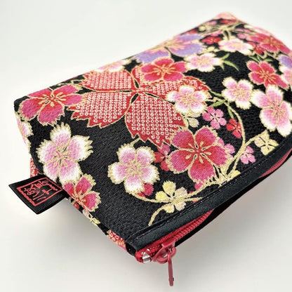 Terra Distribution Small Makeup Bag for Purse [ Made in Japan] Traditional Edo Komon Design Cute Cosmetic Pouch (Cherry Blossom (Black/Pink))