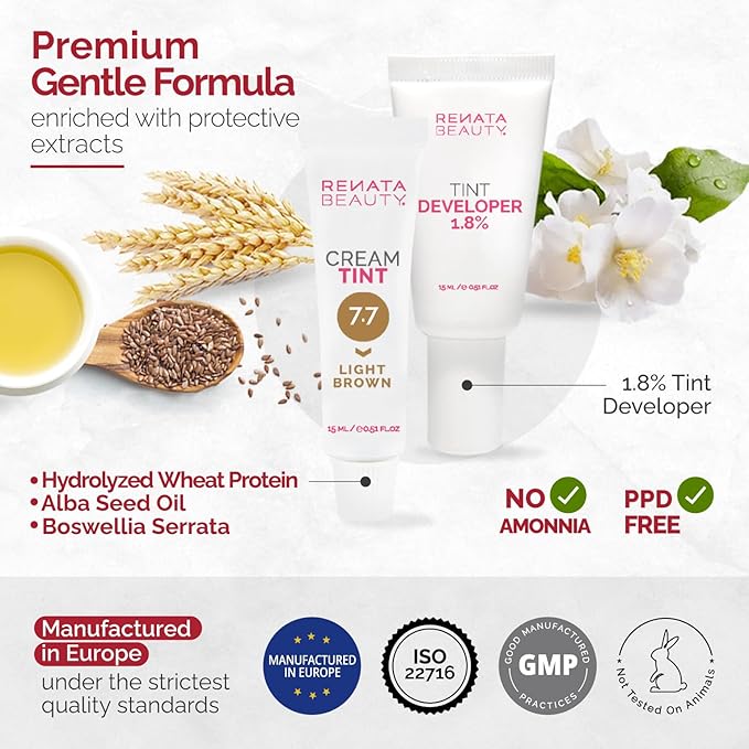 RB RENATA BEAUTY Tint Kit – Cream Hair Dye Kit with Developer and Application Brush for Spot Coloring - Covers Gray Hairs, Smudge-Proof, Long-Lasting Up to 4 Weeks, 20 Applications [Light Brown]
