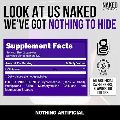 Naked L-Glutamine Muscle Recovery Capsules, 1000mg, 240 Count, Made in The USA, Non-GMO, Gluten and Soy Free