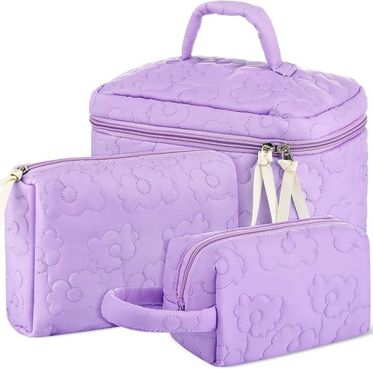 Paterr 3 Pieces Cotton Quilted Makeup Bag Set Coquette Cosmetic Bag Aesthetic Travel Toiletry pouch Cute Pouch Kawaii Aesthetic for Women(Purple,Purple Flower)
