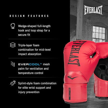 Everlast Elite 2 Boxing Gloves, Pro Training Gloves for Men and Women, Secure Fit Hook and Loop Closure & Ventilation, Heavy Bag & Speedbag Training.