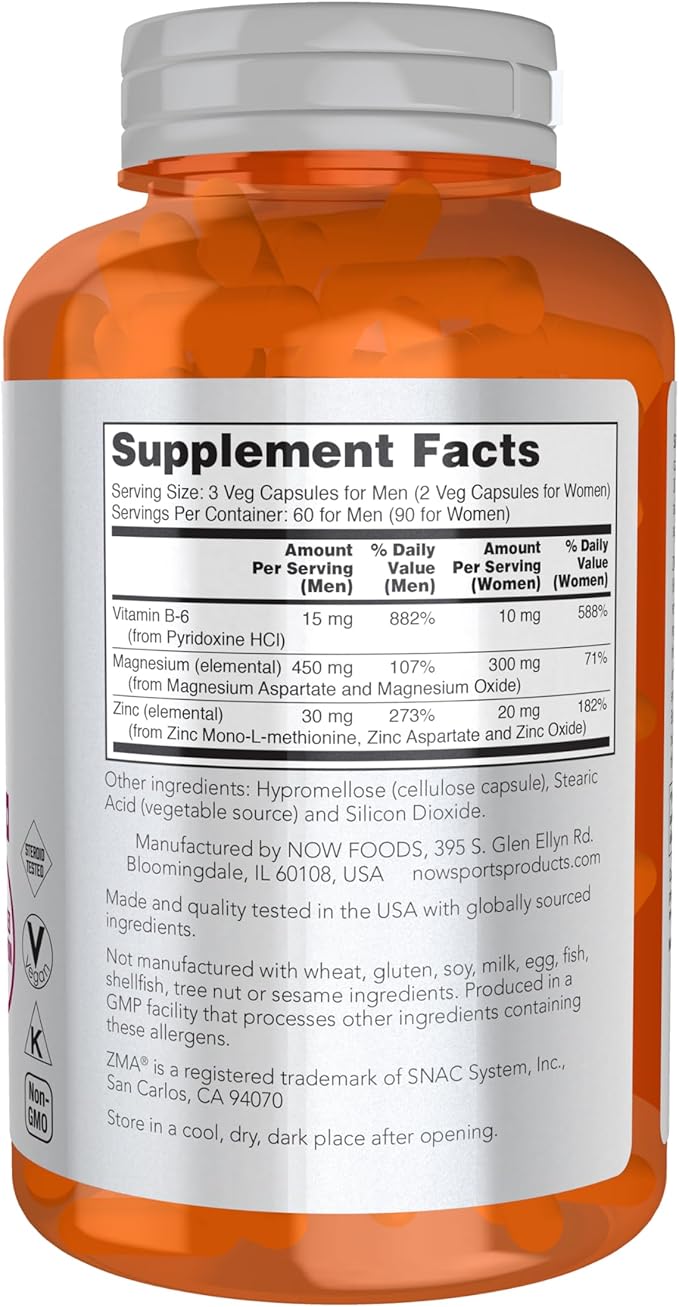 NOW Foods Sports Nutrition, ZMA (Zinc, Magnesium and Vitamin B-6), Enhanced Absorption, Sports Recovery*, 180 Capsules