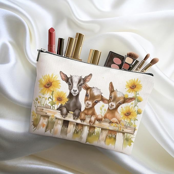 Goat Gifts for Goat Lovers Makeup Bag Cute Sunflower Goat Cosmetic Bag Animal Lover Gifts for Women Girls Friend Daughter Travel Organizer Zipper Pouch Graduation Birthday Friendship Gifts