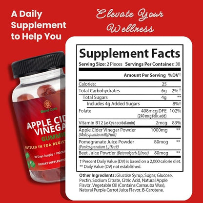 Apple Cider Vinegar Gummies with Vitamin B12 – Vegan, Gluten-Free, Non-GMO – Apple & Purple Carrot Flavored – 1000mg ACV – 60 Gummies, 30-Day Supply