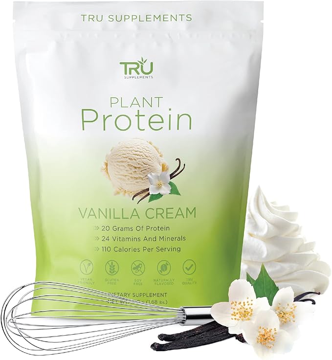 TRU Plant Based Protein Powder, BCAA, EAA, 20g Vegan Protein, 100 Calories, 27 Vitamins, No Artificial Flavors 25 Servings (Vanilla)