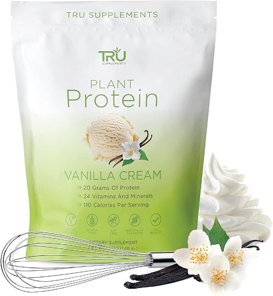 TRU Plant Based Protein Powder, BCAA, EAA, 20g Vegan Protein, 100 Calories, 27 Vitamins, No Artificial Flavors 25 Servings (Vanilla)