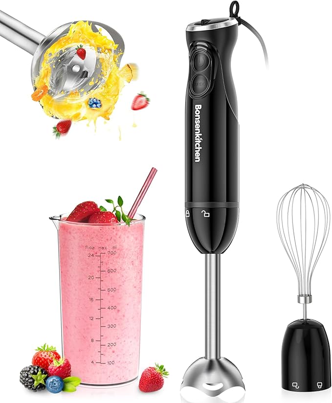 Bonsenkitchen Immersion Blender Handheld, 12-Speed and Turbo Hand Blender Electric with Sharp Blades, 3-In-1 Hand Held Stick Blender with Egg Whisk, 24oz Beaker for Soups, Smoothies, Sauce