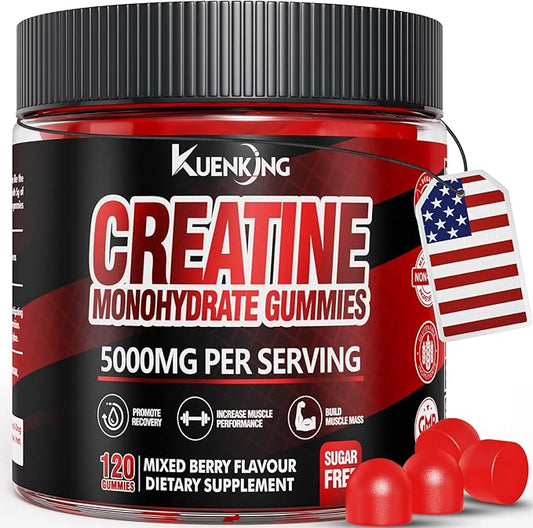 Creatine Monohydrate Gummies 5g for Men & Women – 120 Vegan, Sugar-Free Creatine Monohydrate with Taurine & B12 for Strength Support, Energy Boost, Ideal Pre-Workout Supplement