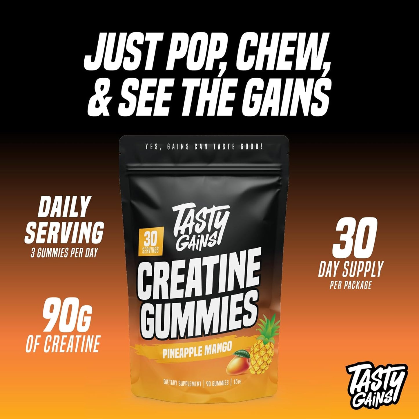 Creatine Gummies - 90g of Creatine Monohydrate - Workout Supplements - Build Muscle & Boost Strength for Men & Women - Made in USA - Non GMO - Vegan Friendly (Large, Pineapple Mango)