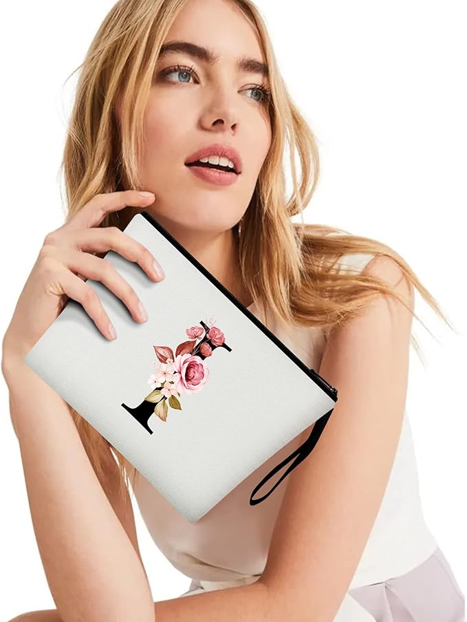Vavabox A-Z Personalized Makeup Bag, Birthday Gifts for Women Mom, Gifts for Best Friend, Bride Bridesmaid Cosmetic bag (I, White)