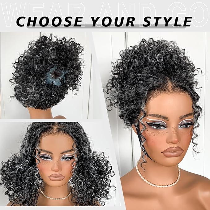 Grey Highlight Curly Wig Wear And Go Glueless Synthetic HD Lace Afro Wig 13x6 Black And White Skunk Stripe Kinky Curly