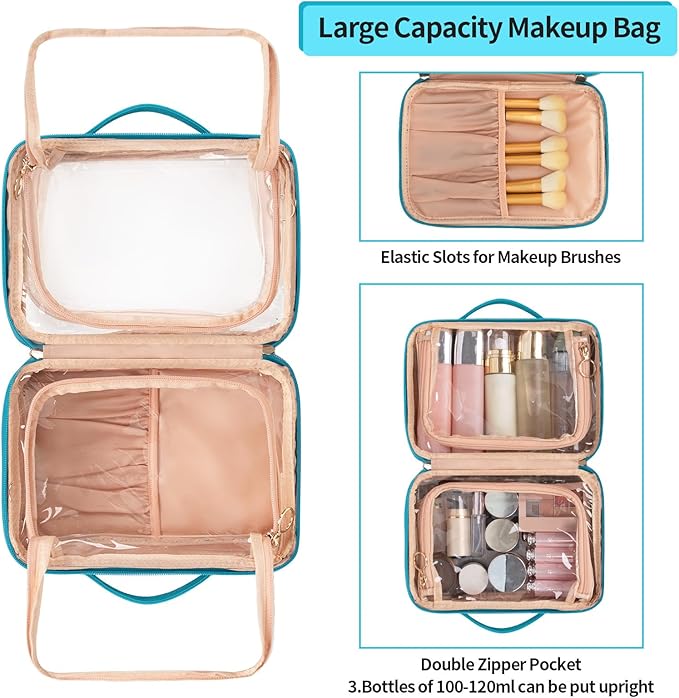 OCHEAL Makeup Bag, Double Layer Cosmetic Bag, Large Capacity New Look Clear Cosmetic Case for Women Travel Beauty Essentials, Multiple Compartments Makeup Case Organizer Zipper Pouch -Blue