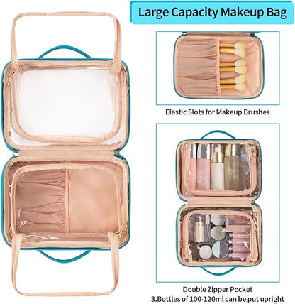 OCHEAL Makeup Bag, Double Layer Cosmetic Bag, Large Capacity New Look Clear Cosmetic Case for Women Travel Beauty Essentials, Multiple Compartments Makeup Case Organizer Zipper Pouch -Blue