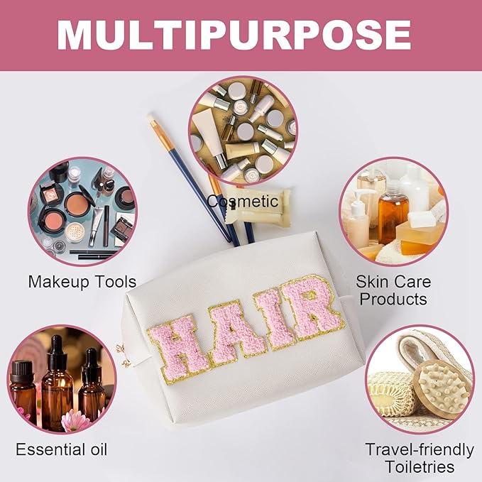 Preppy Patch Hair Portable Makeup Bag Bulk Pu Leather Cosmetic Bag Waterproof Travel Organizer Zipper Pouch Storage Purse for Women Girls Gift (Shell Gold)