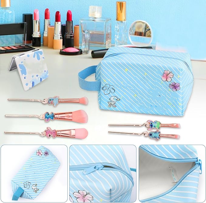 Stitch Travel Makeup Bag Large Capacity Cosmetic Bags Cartoon PU Small Skin Care Bags for Girls Women Mirror Makeup Brush