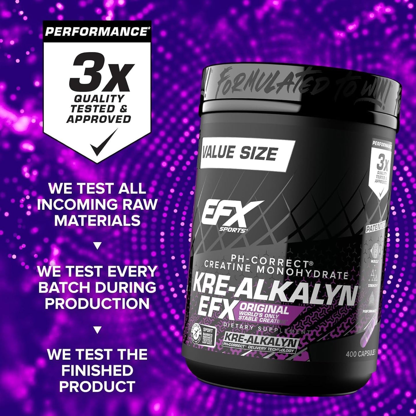 EFX Sports Kre-Alkalyn EFX | pH Correct Creatine Monohydrate Pill Supplement | Strength, Muscle Growth & Performance | 200 Servings, 400 Capsules