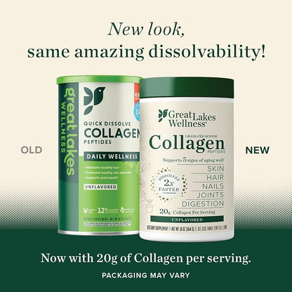 Great Lakes Wellness Collagen Peptides Powder for Skin, Hair, Nails, Joints & Digestion - Unflavored - Quick Dissolve Hydrolyzed, Non-GMO, Keto, Kosher - 16 oz - 3 Pack - Packaging May Vary