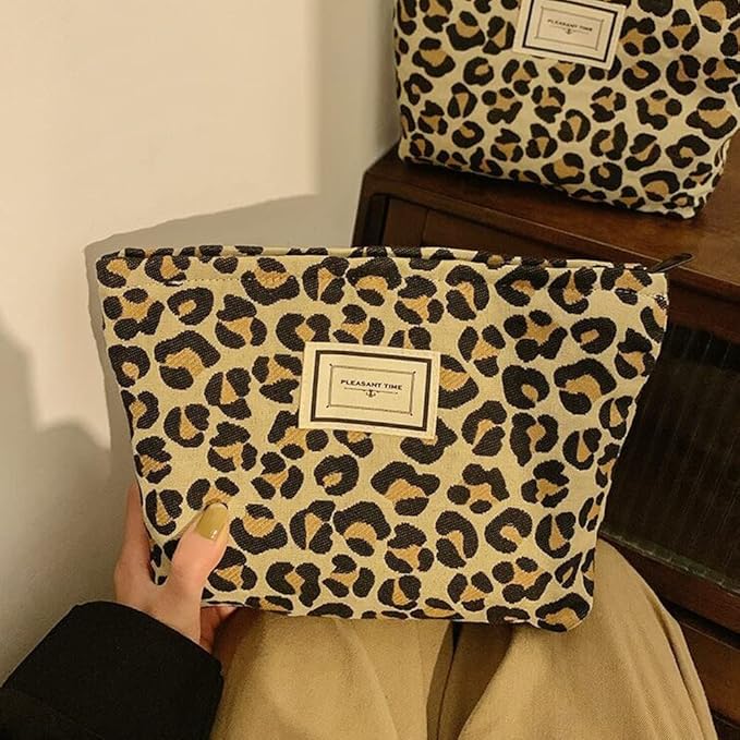 Cosmetic Bags for Women Makeup Bag Large Capacity Purse Travel Toiletry Zipper Storage Pouch Make Up Brushes Organizer for Gifts (Yellow, Leopard)