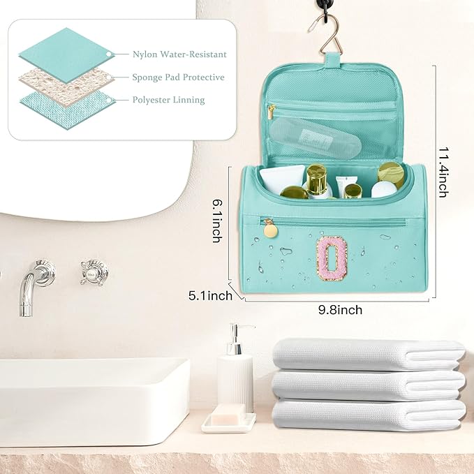 COSHAYSOO Summer Birthday Gifts for Women Her Beach Vacation Gift Ideas Personalized Travel Size Toiletries Organizer, Large Hanging Toiletry Bag Skincare Case Waterproof Traveling Teal Blue Letter O