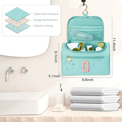 COSHAYSOO Summer Birthday Gifts for Women Her Beach Vacation Gift Ideas Personalized Travel Size Toiletries Organizer, Large Hanging Toiletry Bag Skincare Case Waterproof Traveling Teal Blue Letter O
