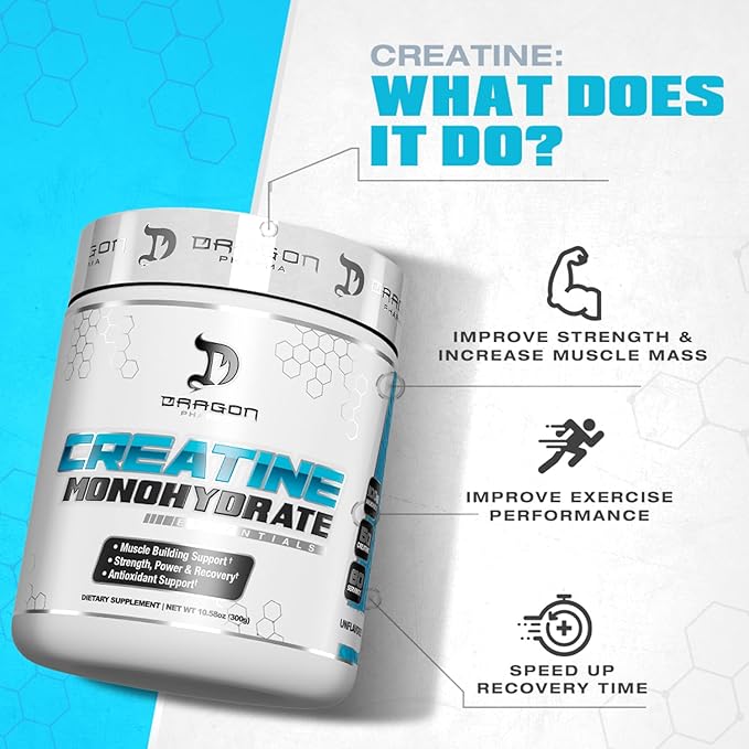 DRAGON PHARMA Creatine Monohydrate, Aid Muscle Recovery, Post-Workout Supplement, Antioxidant Support (60 Servings, Unflavored)