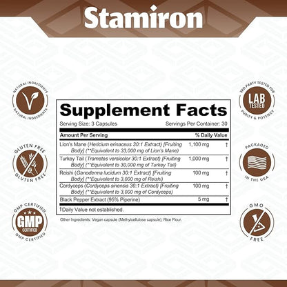 Stamiron Lions Mane Supplement Turkey Tail Mushroom Capsules with Cordyceps Extract & Reishi Mushrooms - Alt to Mushroom Gummies, Mushroom Powder, Mushroom Coffee - 90 Count