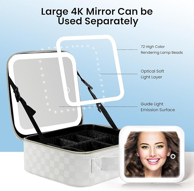 Makeup Bag with Light up Detachable Mirror 3 Color Scenarios Adjustable Brightness Large Cosmetic Organizer Storage Adjustable Dividers Waterproof Makeup Brushes Toiletry Gift White