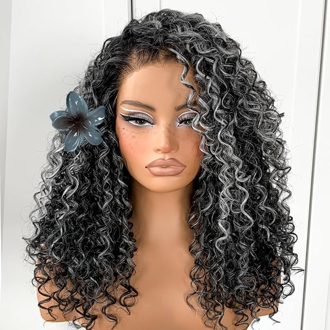 Grey Highlight Curly Wig Wear And Go Glueless Synthetic HD Lace Afro Wig 13x6 Black And White Skunk Stripe Kinky Curly