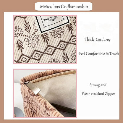 Flower Fabric Makeup Bag for Purse, Vintage Corduroy Cosmetic Pouch Bag, Portable Travel Handbag for Women Girls (Vintage Beige)