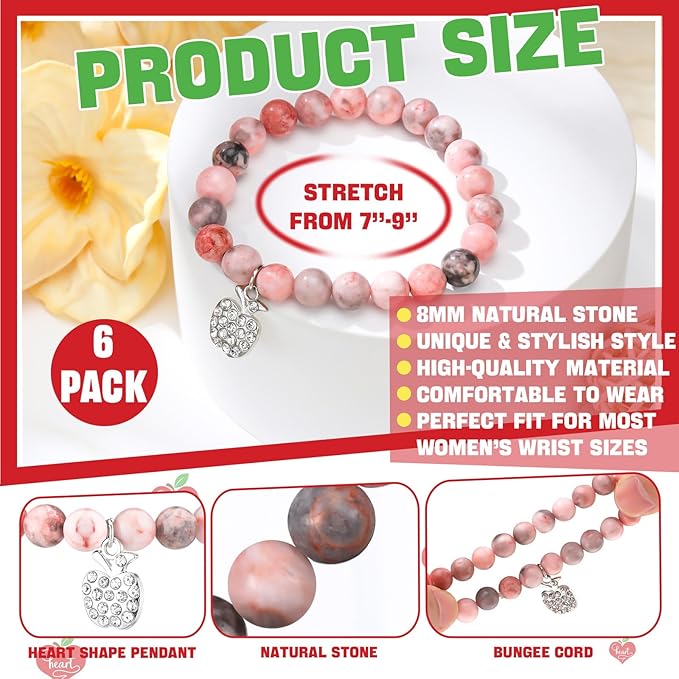 Tondiamo 6 Sets Teacher Graduation Appreciation Gifts for Women Include 6 Natural Stone Bracelets 6 Cards 6 Canvas Makeup Bags Back to School End of Year Teacher Gifts for Retirement Birthday