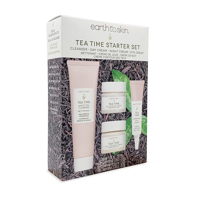 Earth To Skin Tea Time Starter Set: White Tea Cleanser (1.0 Fl Oz), White Tea Day Cream (0.5 Fl Oz), Black Tea Night Cream (0.5 Fl Oz), Chamomile Eye Cream (0.23 Fl Oz)