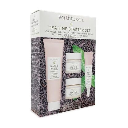 Earth To Skin Tea Time Starter Set: White Tea Cleanser (1.0 Fl Oz), White Tea Day Cream (0.5 Fl Oz), Black Tea Night Cream (0.5 Fl Oz), Chamomile Eye Cream (0.23 Fl Oz)