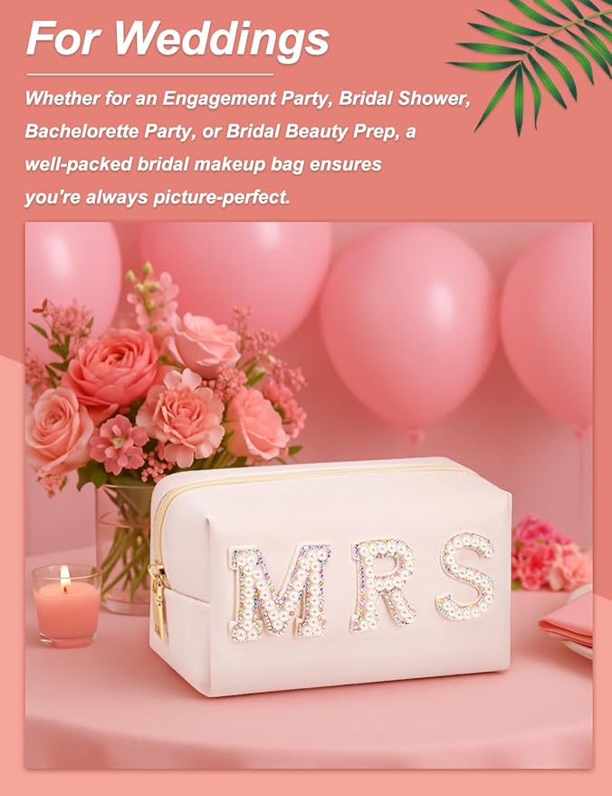 MRS Preppy Makeup Bag with Gift Box, Bride Cosmetic Bag for Bridesmaid Engagement, Purse Bridal Shower, Bridal Beauty Prep, Wedding Day