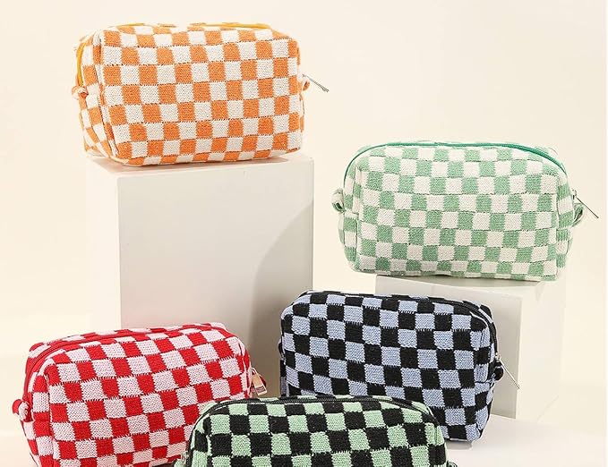 SxoSyo 2 Pcs Cosmetic Bags for Women Makeup Bag Purse Travel Toiletry Zipper Storage Pouch Make up Brushes Organizer for Gifts (Checkered, Orange 2)