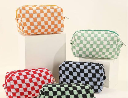 SxoSyo 2 Pcs Cosmetic Bags for Women Makeup Bag Purse Travel Toiletry Zipper Storage Pouch Make up Brushes Organizer for Gifts (Checkered, Orange 2)